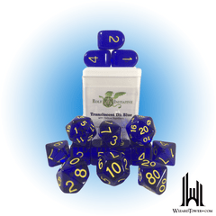 SET OF 15 DICE: TRANSLUCENT DARK BLUE/YELLOW